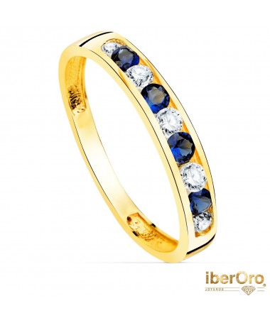 Sortija oro amarillo 9 Circonitas Blancas y Azules