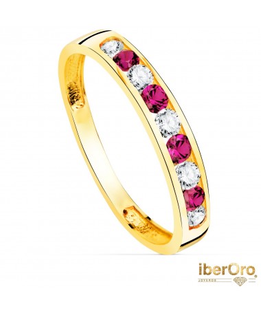 Sortija oro amarillo 9 Circonitas Blancas y Rojas
