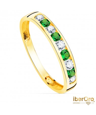 Sortija oro amarillo 9 Circonitas Blancas y Verdes