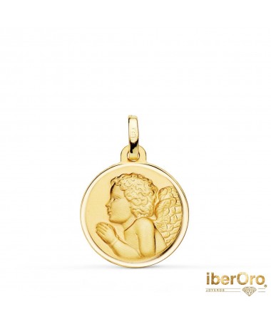 Medalla oro amarillo Angel Niño Piadoso Rezando Bisel 18 mm