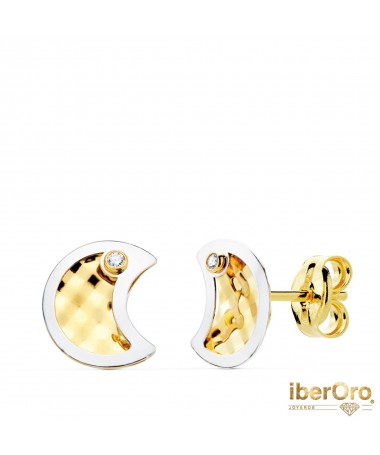 Pendientes Bicolor Luna y Circonitas 8 X 6,5 mm