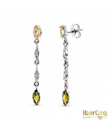 Pendientes Largos de Oro Blanco Con Circonitas y Piedras