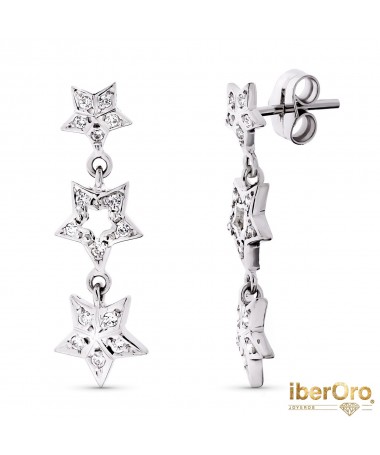 Pendientes Oro Blanco Largos Circonita y Estrellas